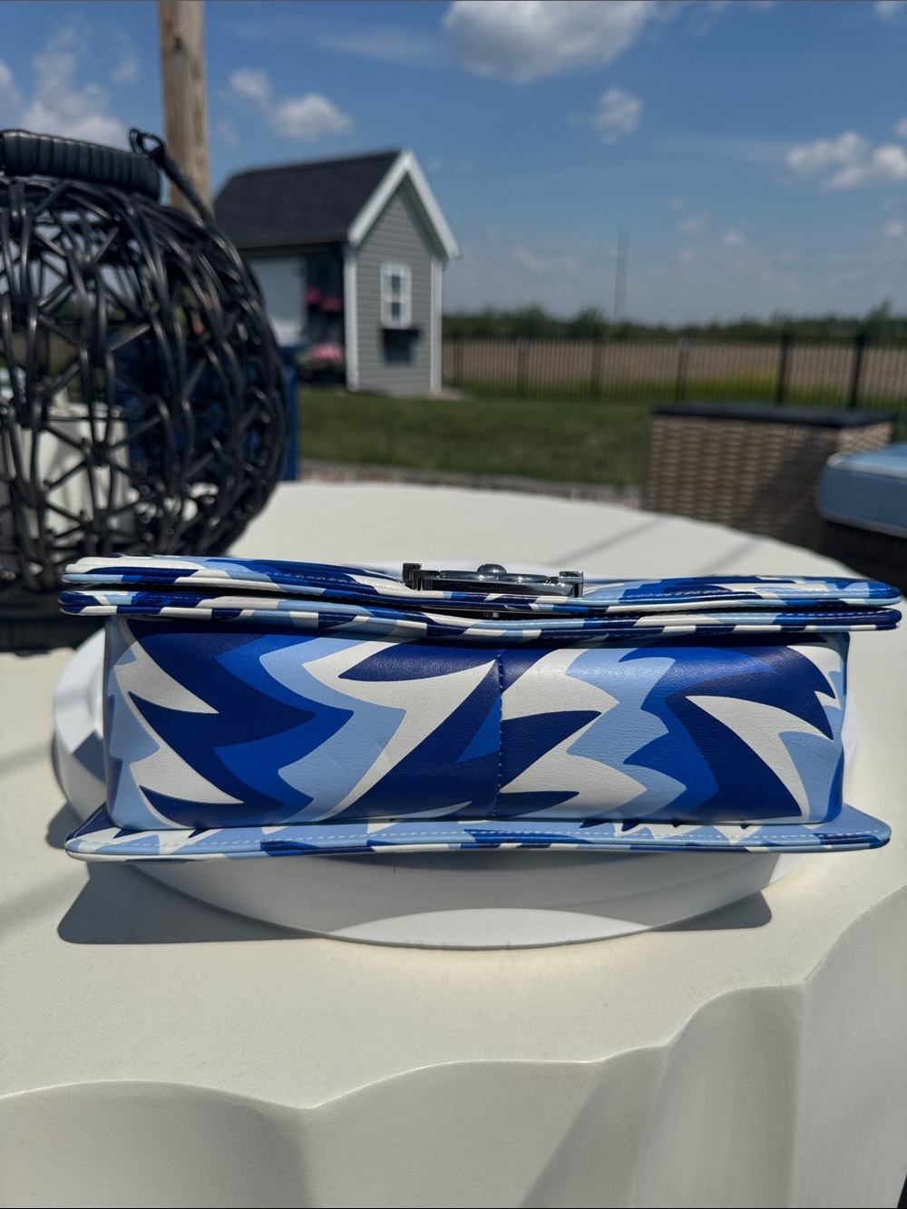 CHANEL Blue & White Chevron Boy Bag with Chain Strap - Picture 7 of 12
